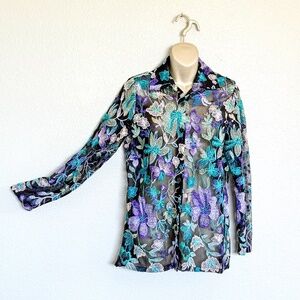 VTG 90s Whimsigoth Witchy Sheer Teal & Purple Floral Embroidered Blouse - S